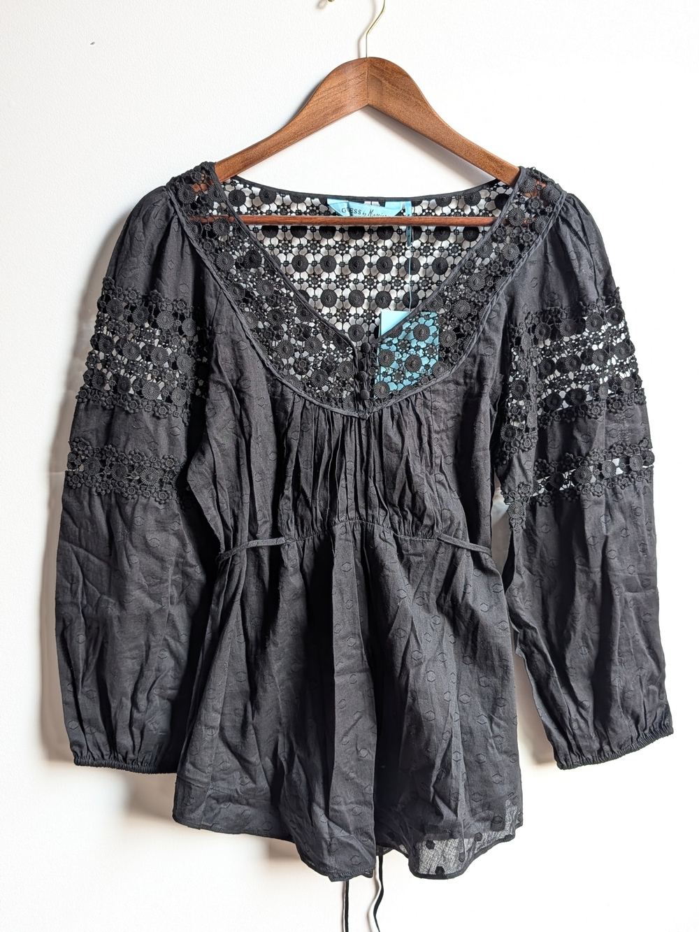 Guess by Marciano Black Embroidered V-Neck Crochet Detail Top